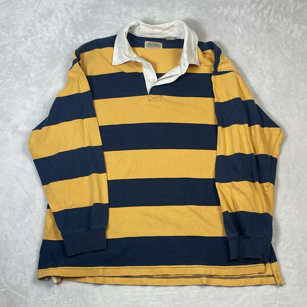 St. John's Bay Men's Rugby Shirt Yellow Navy Blue Striped Size Large 90s Cotton